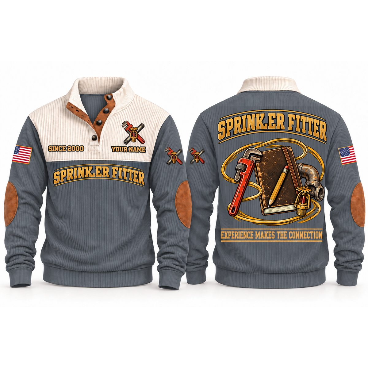 Sprinkler Fitter Fitting Knowledge Sports Sweatshirt in Grey, front and back garment views with pipe-fitting notebook, pencil, pipe wrench, pipe elbow and sprinkler head, EXPERIENCE MAKES THE CONNECTION lettering and source sample YOUR NAME and SINCE 2000 text.