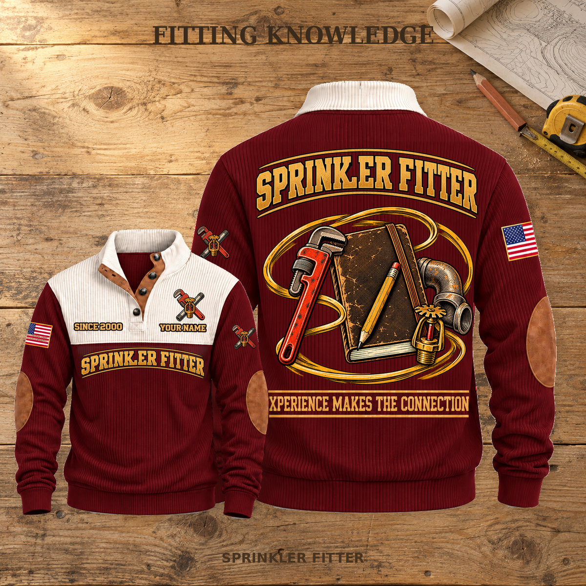 Sprinkler Fitter Fitting Knowledge Sports Sweatshirt in Jujube Red, source-faithful front and back views on a warm wooden workbench, with FITTING KNOWLEDGE headline.