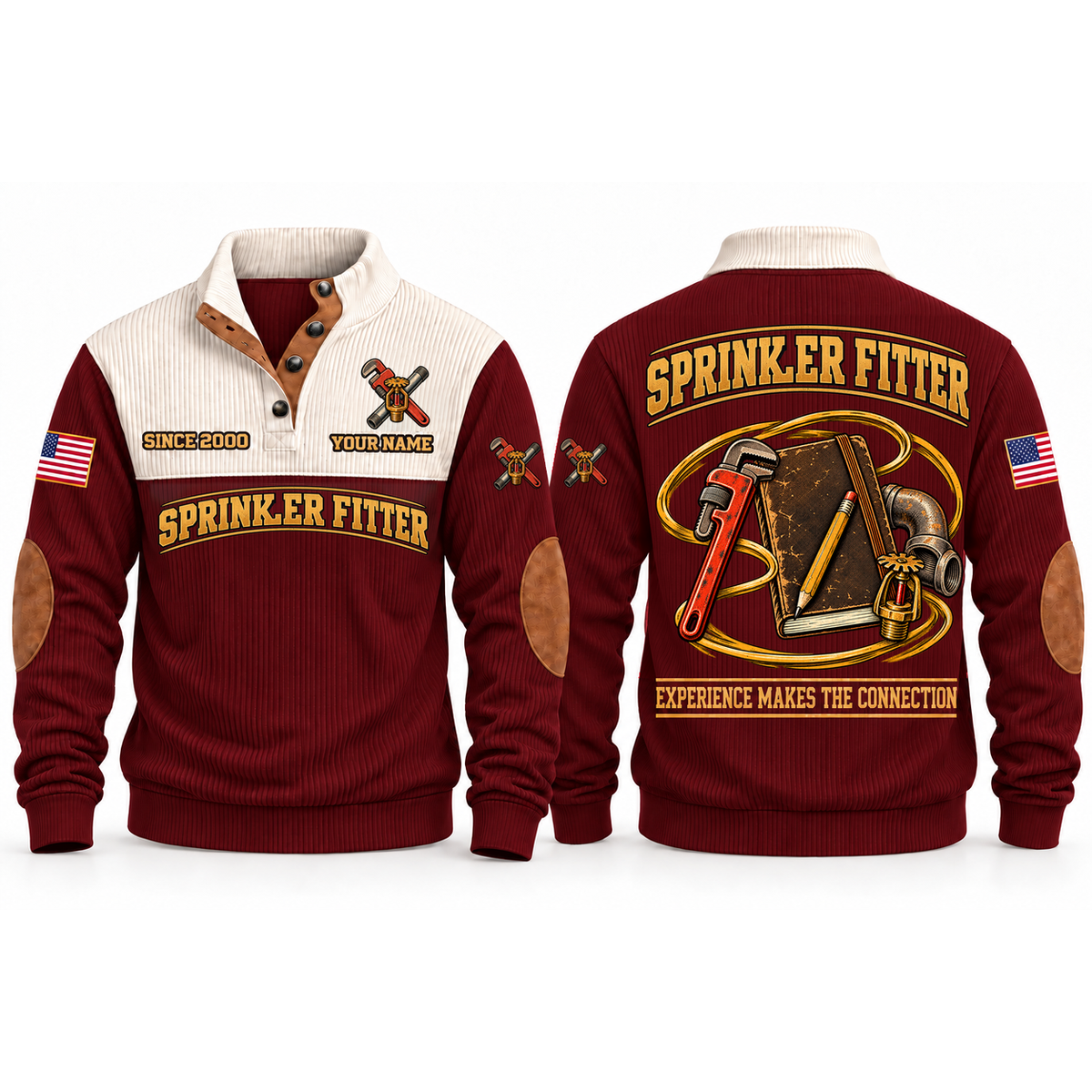 Sprinkler Fitter Fitting Knowledge Sports Sweatshirt in Jujube Red, front and back garment views with pipe-fitting notebook, pencil, pipe wrench, pipe elbow and sprinkler head, EXPERIENCE MAKES THE CONNECTION lettering and source sample YOUR NAME and SINCE 2000 text.
