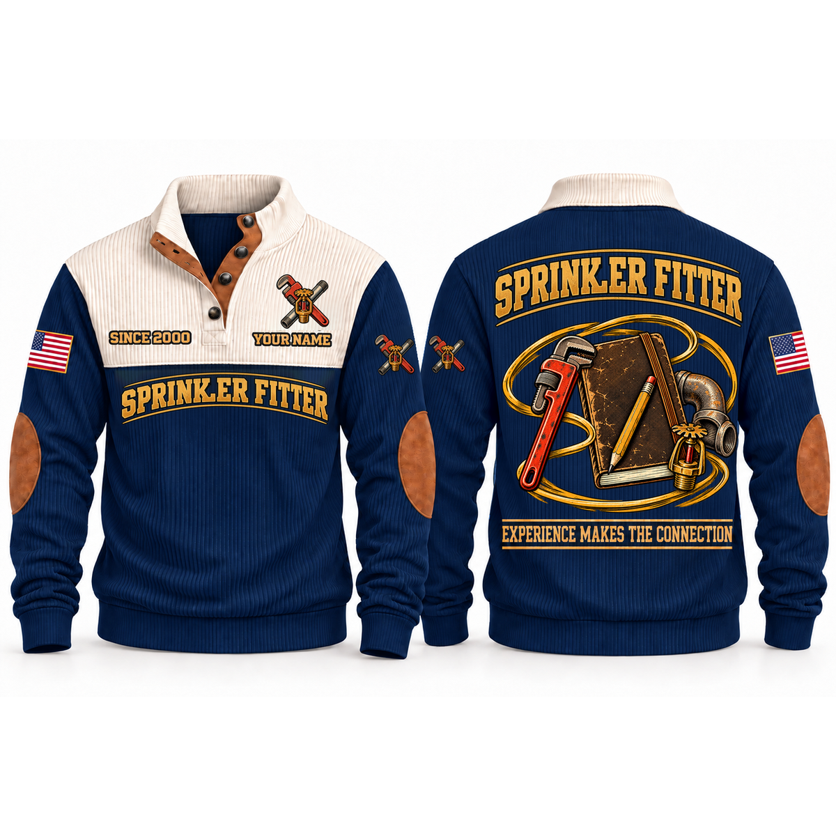 Sprinkler Fitter Fitting Knowledge Sports Sweatshirt in Navy, front and back garment views with pipe-fitting notebook, pencil, pipe wrench, pipe elbow and sprinkler head, EXPERIENCE MAKES THE CONNECTION lettering and source sample YOUR NAME and SINCE 2000 text.