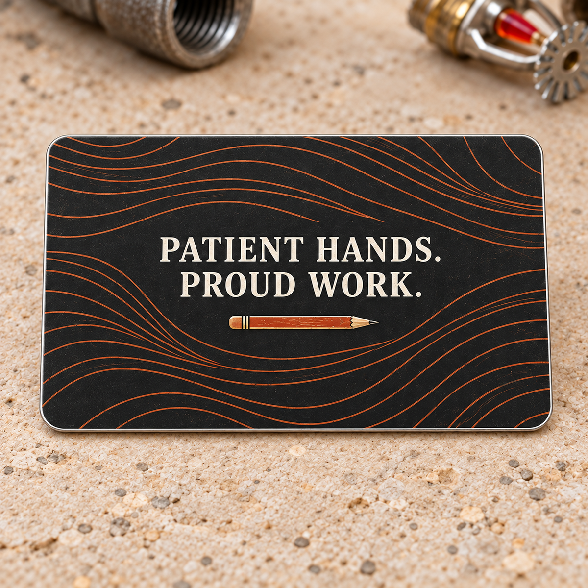 Charcoal reverse of the Sprinkler Fitter Leave a Good Mark aluminum wallet card, with copper flowing lines, a marking pencil and the words Patient Hands. Proud Work.
