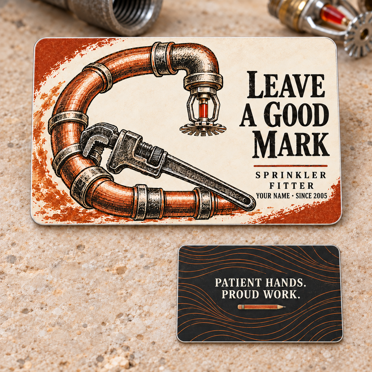 Sprinkler Fitter Leave a Good Mark aluminum wallet card with cream and rust pipework, a pipe wrench and a fire-protection sprinkler head, plus a smaller charcoal reverse; two views of one card.