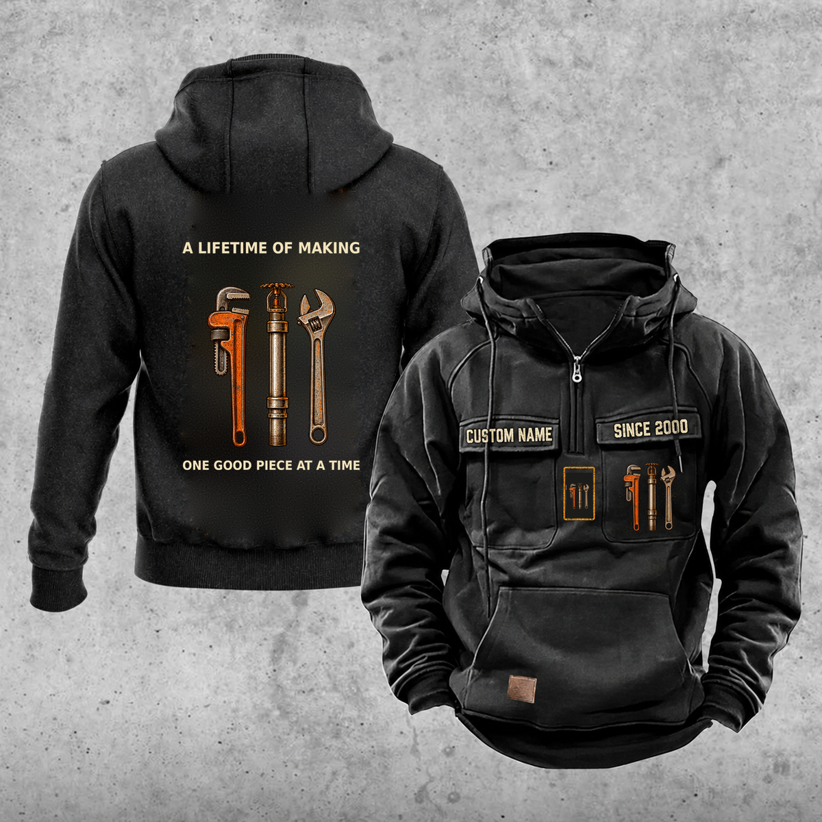 Sprinkler Fitter Lifetime of Making Vintage Hoodie — Black; faithful original Vintage Hoodie front and back artwork; CUSTOM NAME and SINCE 2000 on front chest.
