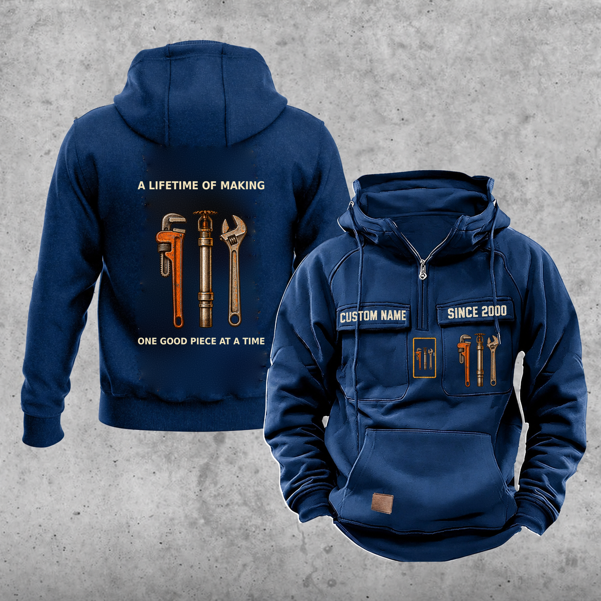 Sprinkler Fitter Lifetime of Making Vintage Hoodie — Dark Blue; faithful original Vintage Hoodie front and back artwork; CUSTOM NAME and SINCE 2000 on front chest.