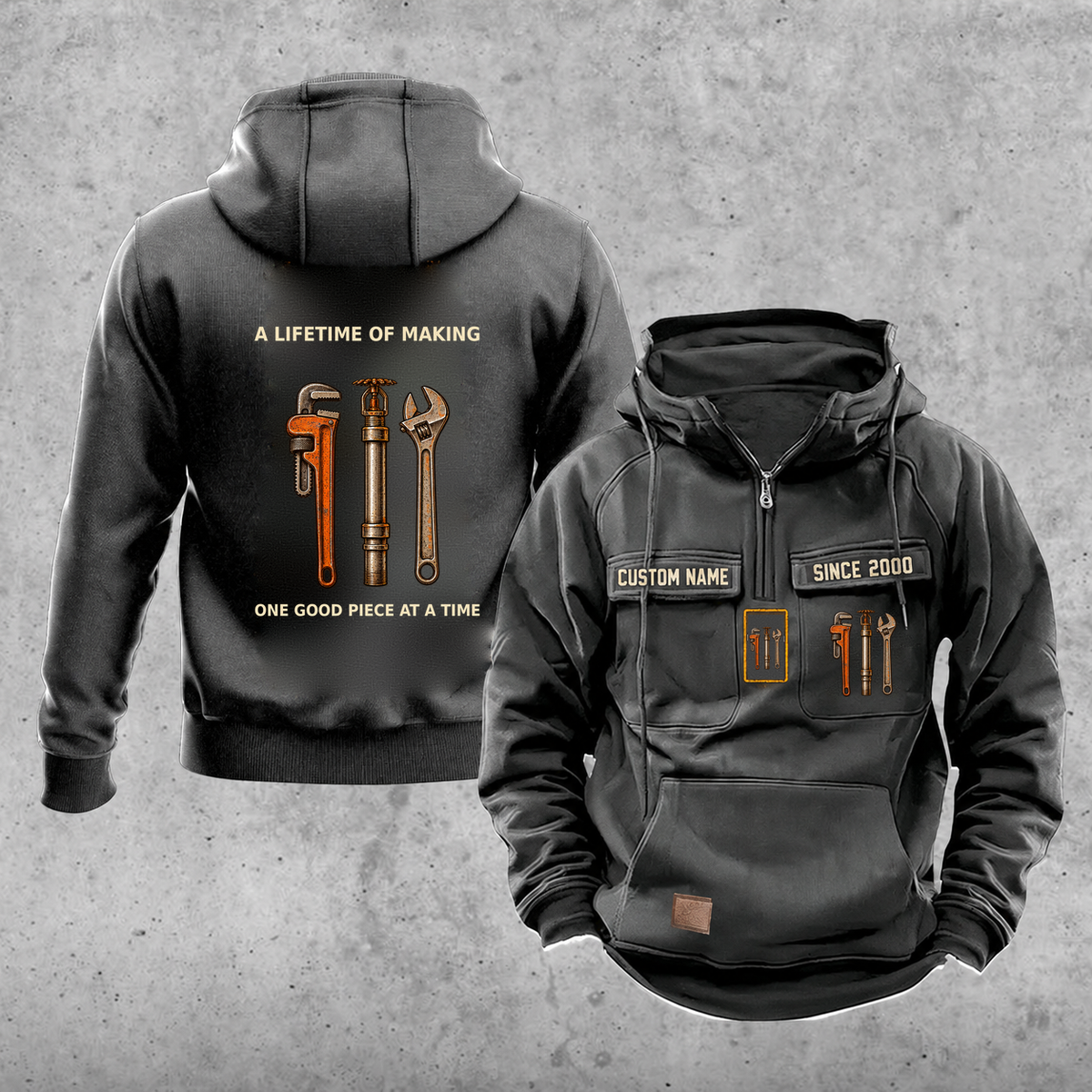 Sprinkler Fitter Lifetime of Making Vintage Hoodie — Dark Gray; faithful original Vintage Hoodie front and back artwork; CUSTOM NAME and SINCE 2000 on front chest.