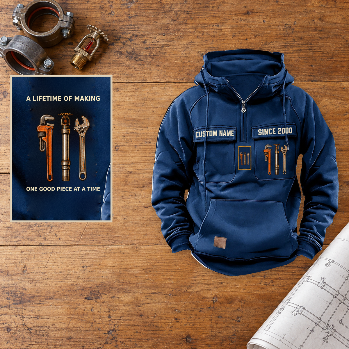 Sprinkler Fitter Lifetime of Making Vintage Hoodie — Hero; faithful original Vintage Hoodie front and back artwork; CUSTOM NAME and SINCE 2000 on front chest.