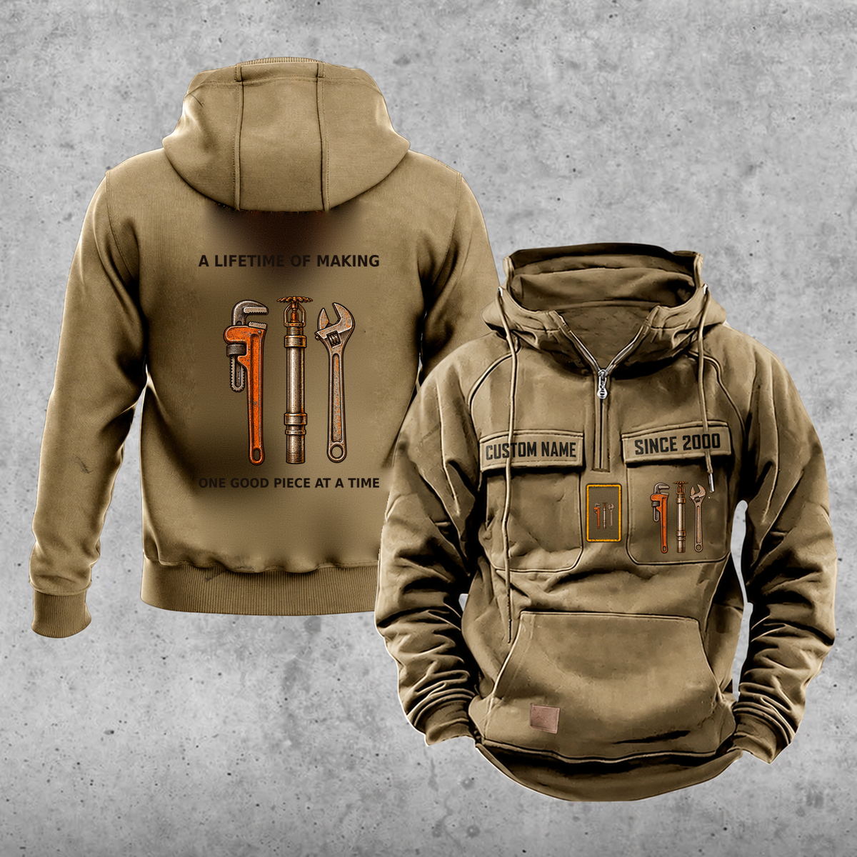 Sprinkler Fitter Lifetime of Making Vintage Hoodie — Khaki; faithful original Vintage Hoodie front and back artwork; CUSTOM NAME and SINCE 2000 on front chest.