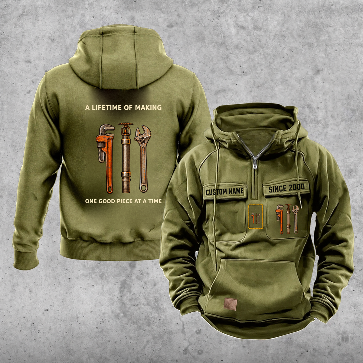 Sprinkler Fitter Lifetime of Making Vintage Hoodie — Olive Green; faithful original Vintage Hoodie front and back artwork; CUSTOM NAME and SINCE 2000 on front chest.