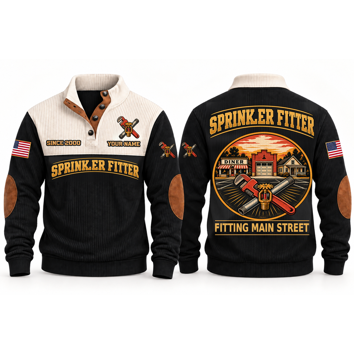 Sprinkler Fitter Main Street Flow Sports Sweatshirt in Black, front and back garment views with pipe wrench, threaded pipe and fire sprinkler head, nostalgic Main Street town illustration, FITTING MAIN STREET lettering and source sample YOUR NAME and SINCE 2000 text.