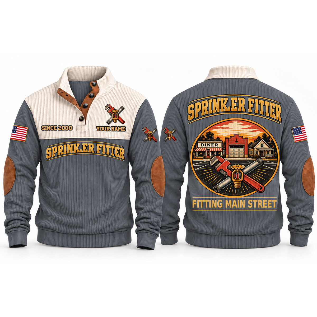Sprinkler Fitter Main Street Flow Sports Sweatshirt in Grey, front and back garment views with pipe wrench, threaded pipe and fire sprinkler head, nostalgic Main Street town illustration, FITTING MAIN STREET lettering and source sample YOUR NAME and SINCE 2000 text.