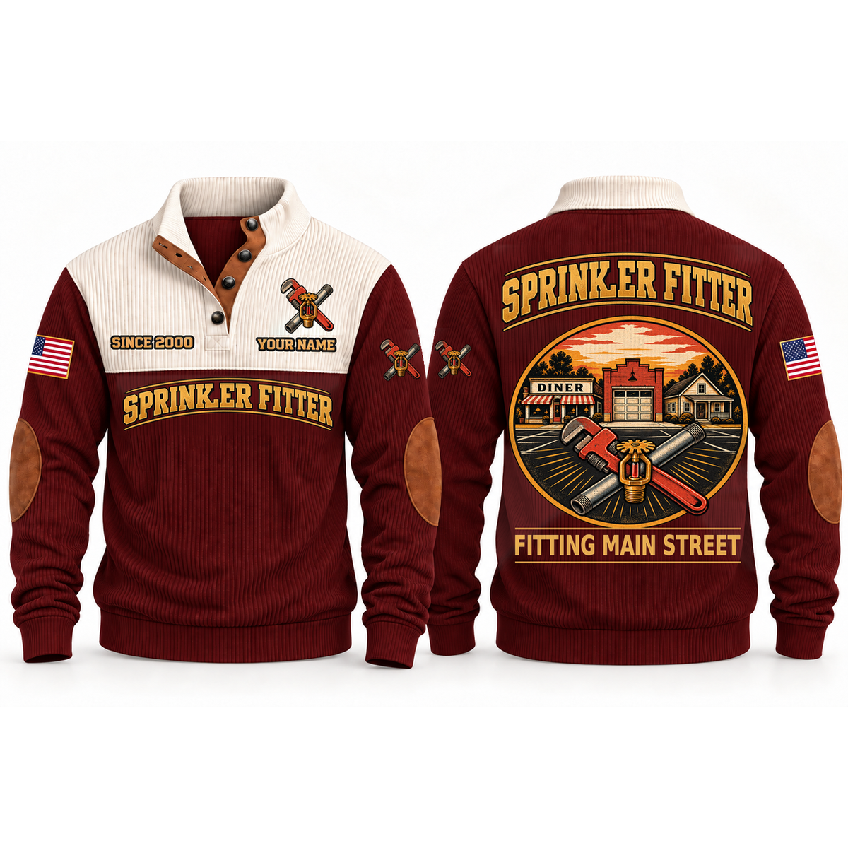 Sprinkler Fitter Main Street Flow Sports Sweatshirt in Jujube Red, front and back garment views with pipe wrench, threaded pipe and fire sprinkler head, nostalgic Main Street town illustration, FITTING MAIN STREET lettering and source sample YOUR NAME and SINCE 2000 text.