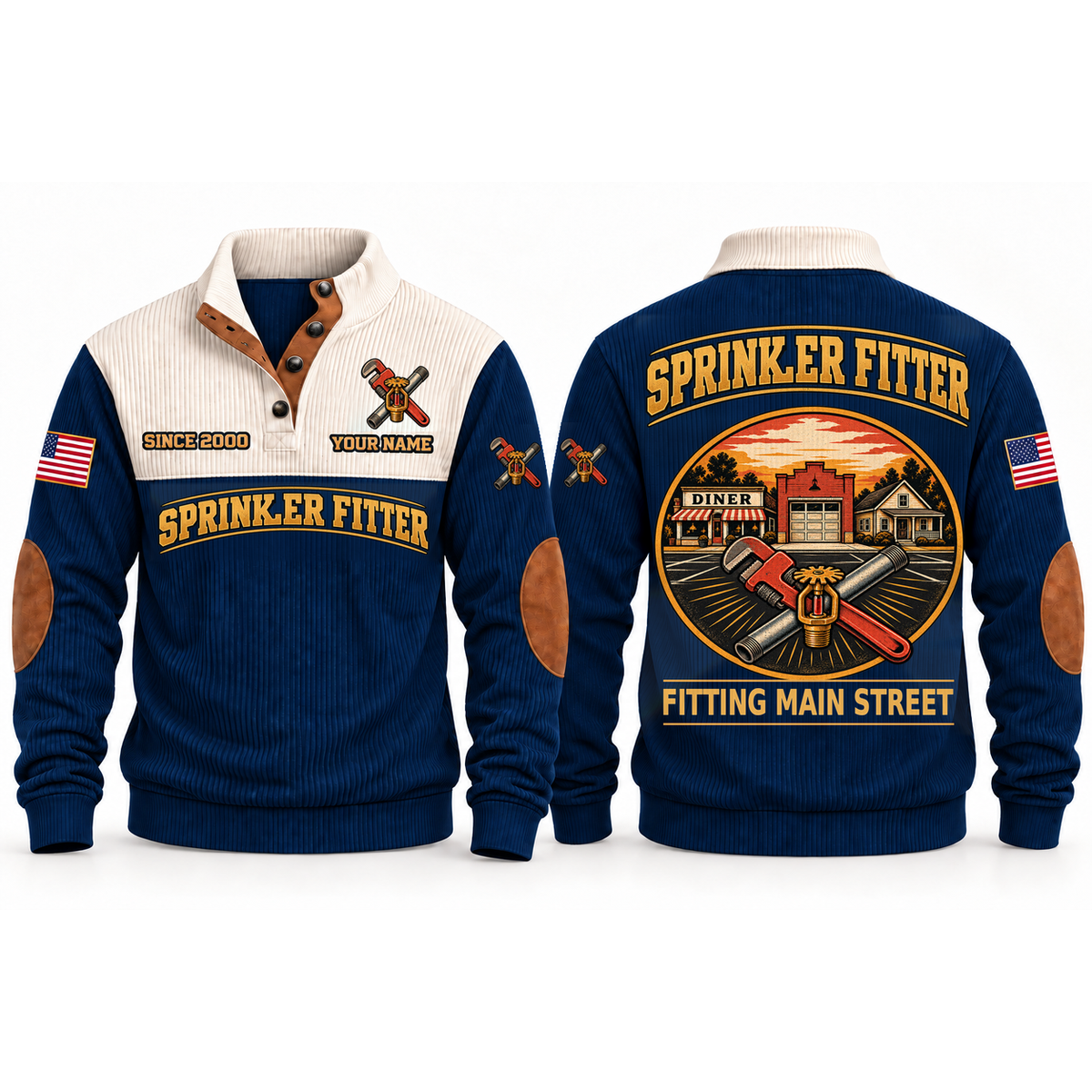 Sprinkler Fitter Main Street Flow Sports Sweatshirt in Navy, front and back garment views with pipe wrench, threaded pipe and fire sprinkler head, nostalgic Main Street town illustration, FITTING MAIN STREET lettering and source sample YOUR NAME and SINCE 2000 text.