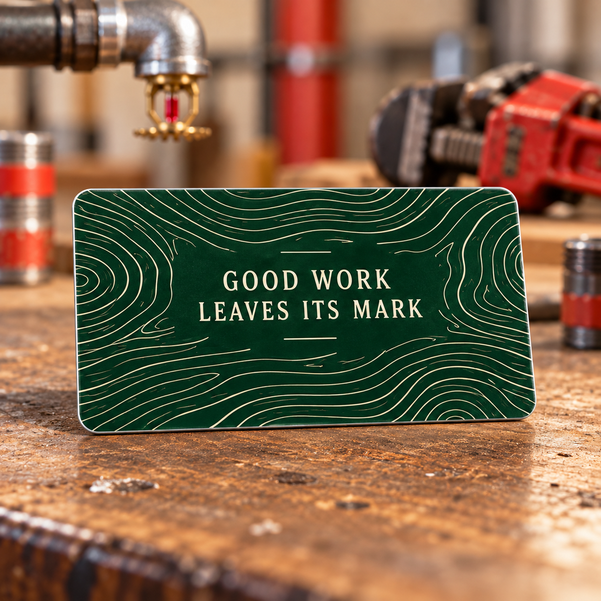 Dark forest-green reverse of the Sprinkler Fitter aluminum wallet card with fine ivory woodgrain print and Good Work Leaves Its Mark. Styling props are not included.