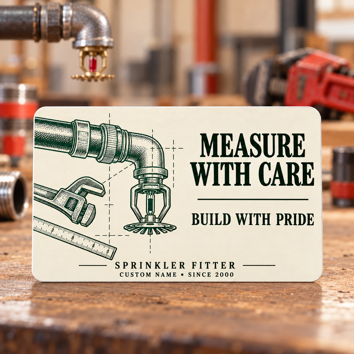 Sprinkler Fitter Measure with Care Aluminum Wallet Card – product view with CUSTOM NAME and SINCE 2000