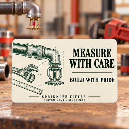 Sprinkler Fitter Measure with Care Aluminum Wallet Card – product view with CUSTOM NAME and SINCE 2000