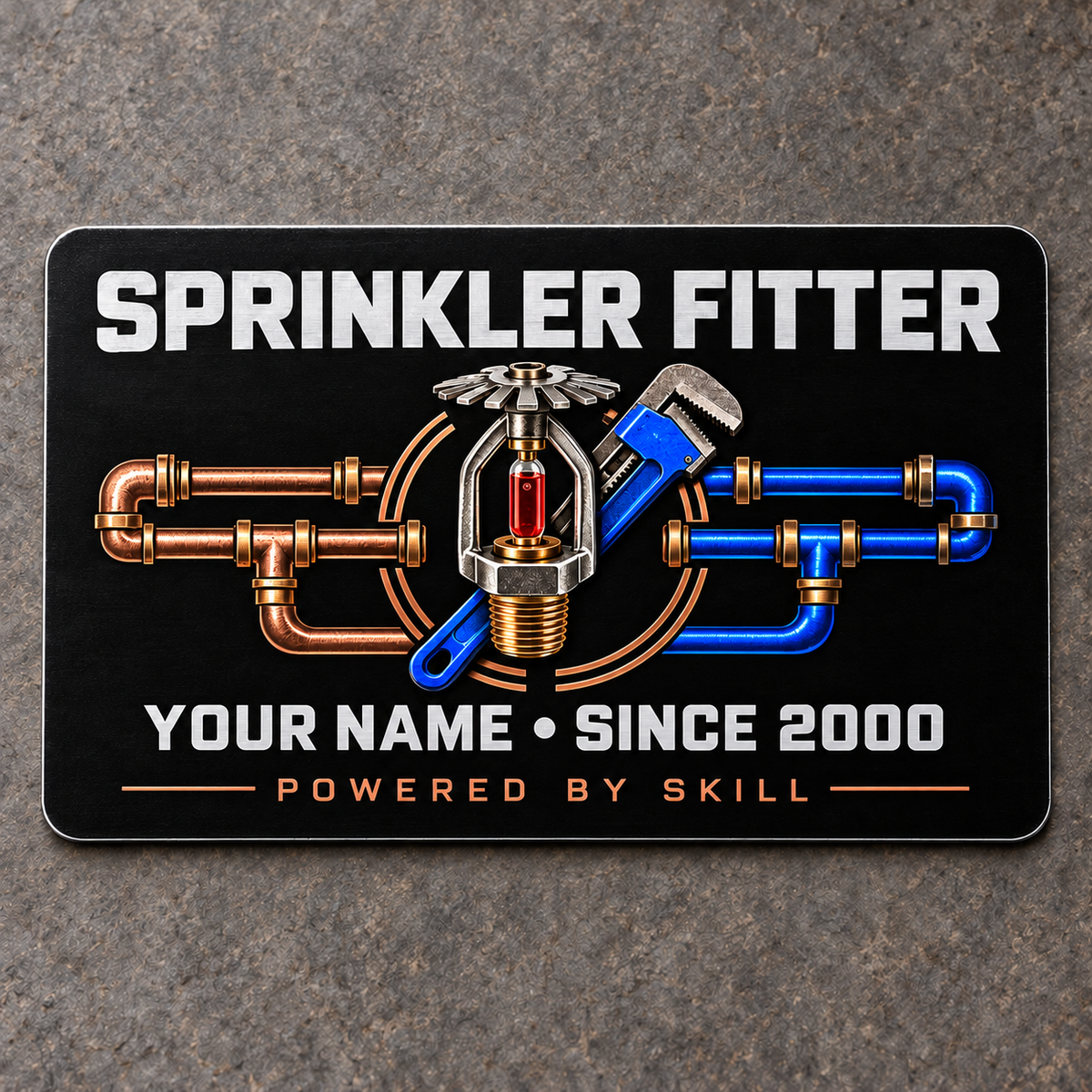 Sprinkler Fitter Midnight Pride Aluminum Wallet Card – product view with CUSTOM NAME and SINCE 2000