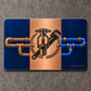 Navy-blue reverse of the Sprinkler Fitter Midnight Pride aluminum wallet card with copper vertical center stripe, matching sprinkler-head and pipe-wrench emblem, coupled copper-blue pipes and KEEPSAKE text.
