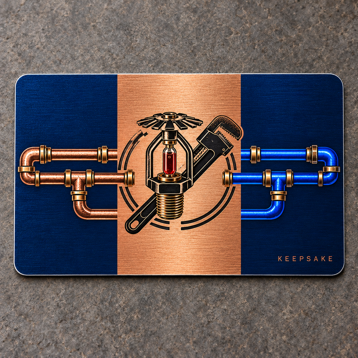 Navy-blue reverse of the Sprinkler Fitter Midnight Pride aluminum wallet card with copper vertical center stripe, matching sprinkler-head and pipe-wrench emblem, coupled copper-blue pipes and KEEPSAKE text.