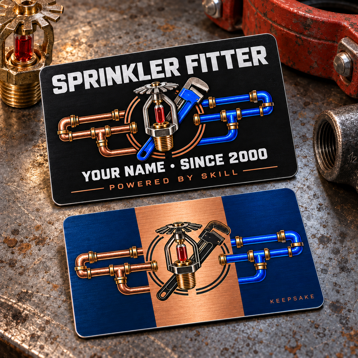 Sprinkler Fitter Midnight Pride Aluminum Wallet Card – product view with CUSTOM NAME and SINCE 2000