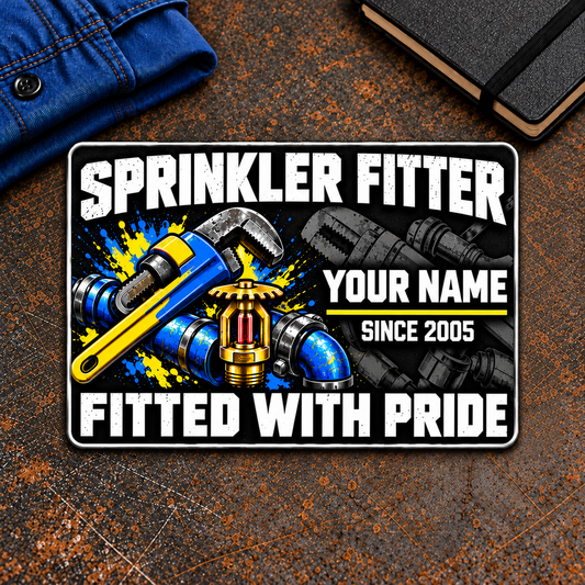 Sprinkler Fitter Midnight Splatter Aluminum Wallet Card, complete front on a dark workbench with distressed white lettering, blue-and-yellow pipe wrench and grooved pipework, brass fire-sprinkler head and subtle gray pipe-tool artwork; fixed sample name and year.