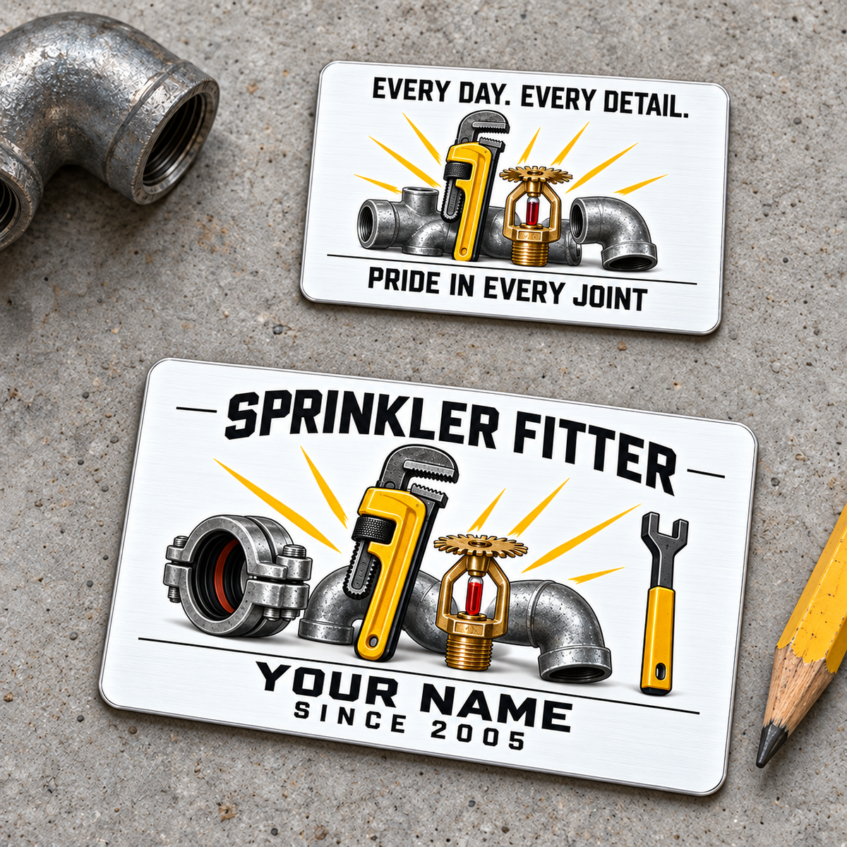 Sprinkler Fitter Minimal Tool Grid Aluminum Wallet Card, showing the complete front and reverse with white field, black angular type, yellow rays and three-column layout of pipe-fitting tools, steel coupling and brass building fire-sprinkler head; two views of one fixed-artwork card.