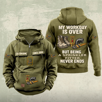 Sprinkler Fitter Never Ends Vintage Hoodie in Military Green, front and back, with work boots and a fire sprinkler head, pipe fittings and a pipe wrench, matching sleeve, chest and pocket motifs, and illustrative CUSTOM NAME and SINCE 2000 text.