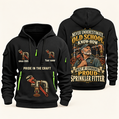 Sprinkler Fitter Old School Know-How quarter-zip hoodie in Black, front and back, fixed sample name and year artwork