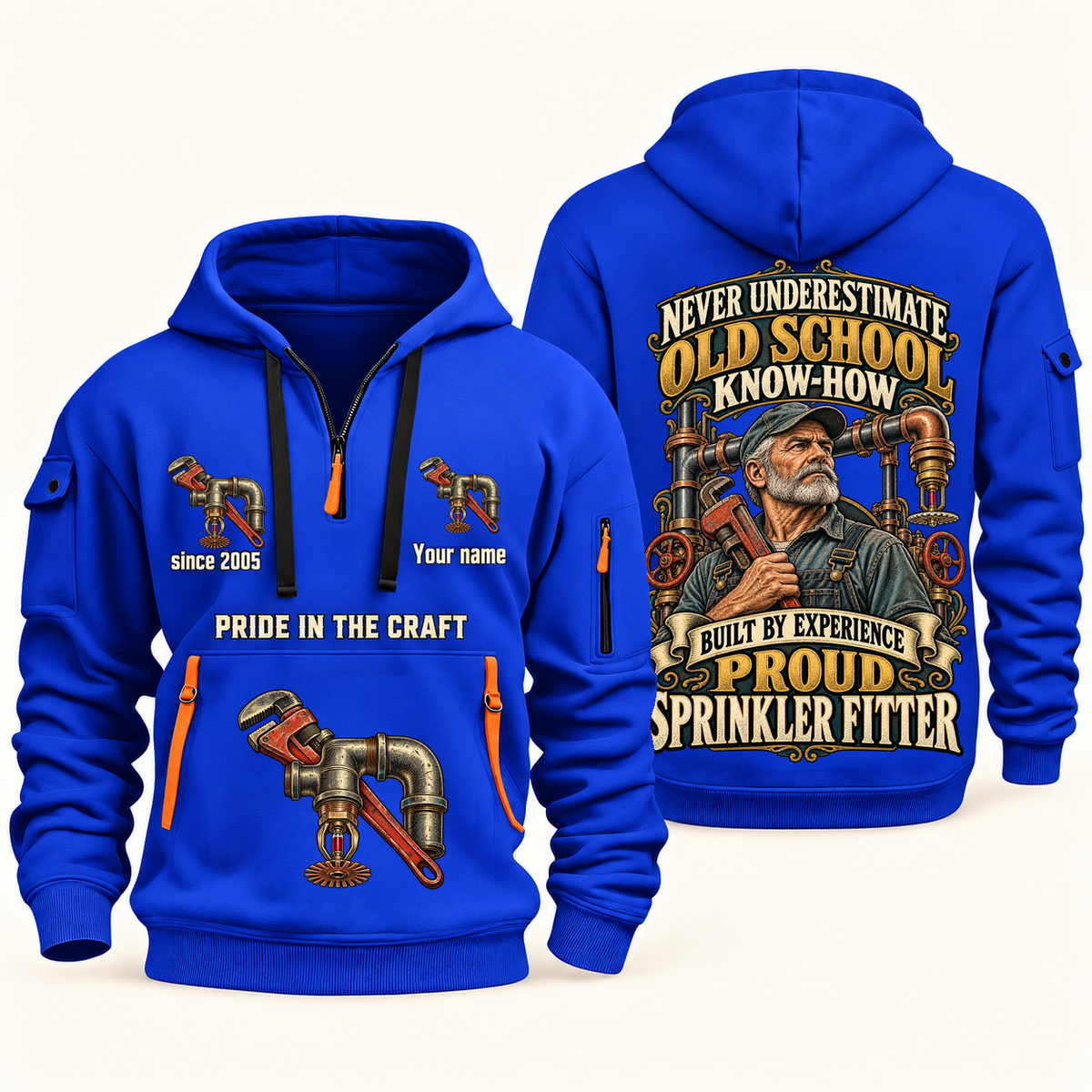 Sprinkler Fitter Old School Know-How quarter-zip hoodie in Blue, front and back, fixed sample name and year artwork