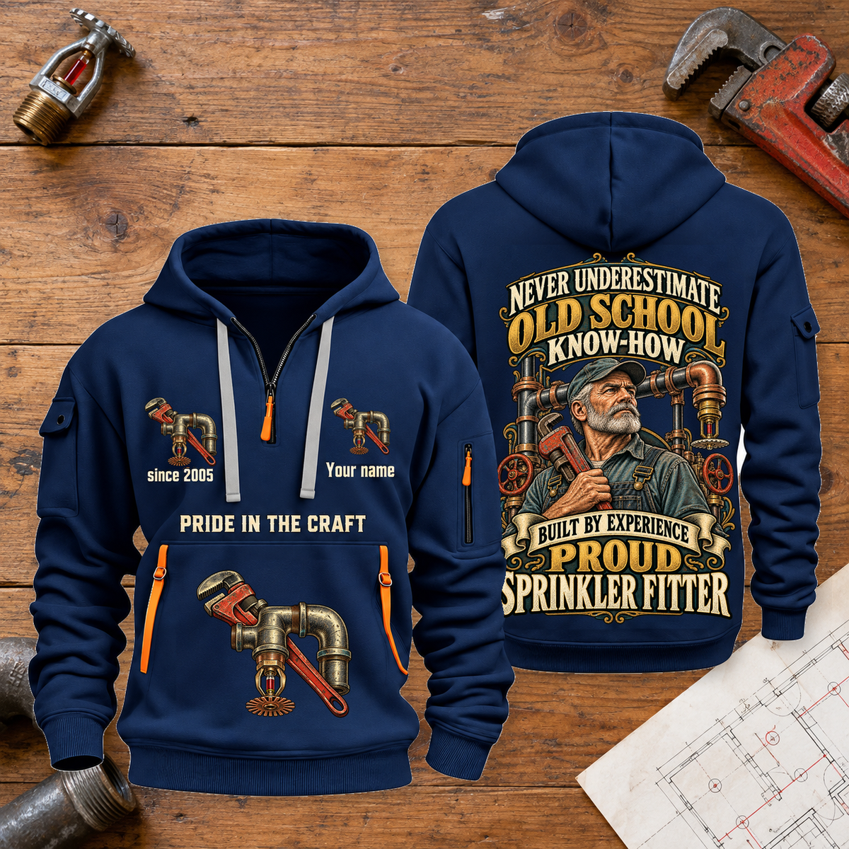Sprinkler Fitter Old School Know-How quarter-zip hoodie in Navy, front and back, fixed sample name and year artwork