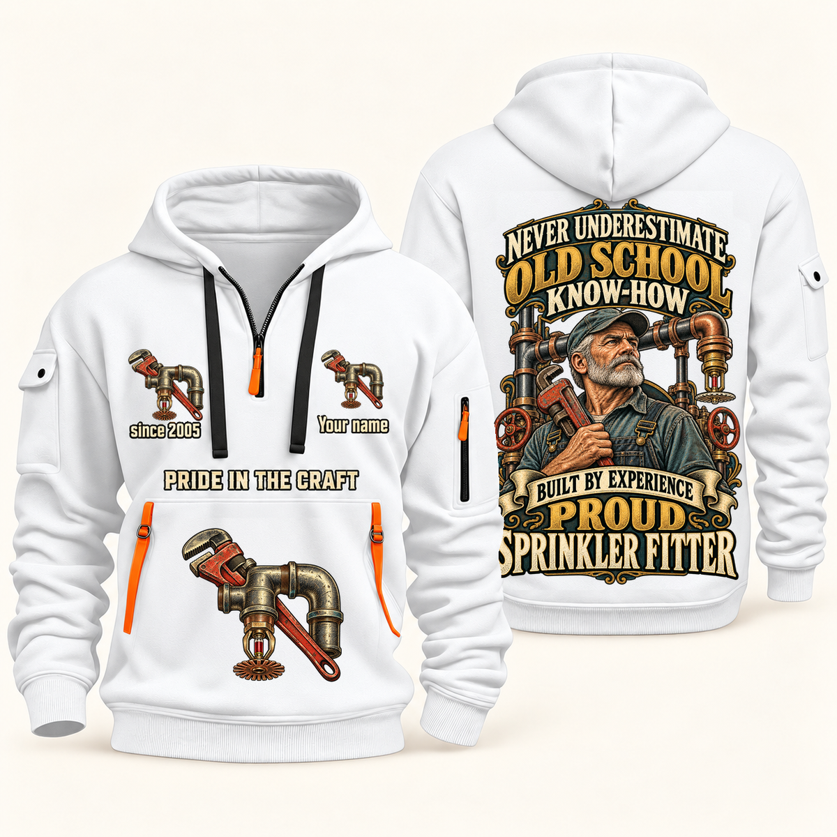 Sprinkler Fitter Old School Know-How quarter-zip hoodie in White, front and back, fixed sample name and year artwork