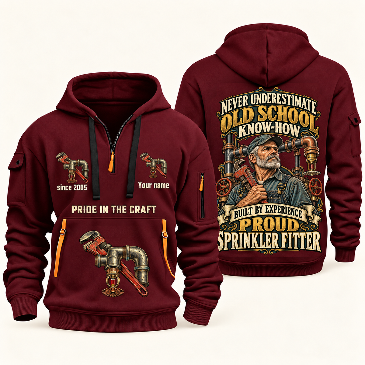 Sprinkler Fitter Old School Know-How quarter-zip hoodie in Wine Red, front and back, fixed sample name and year artwork