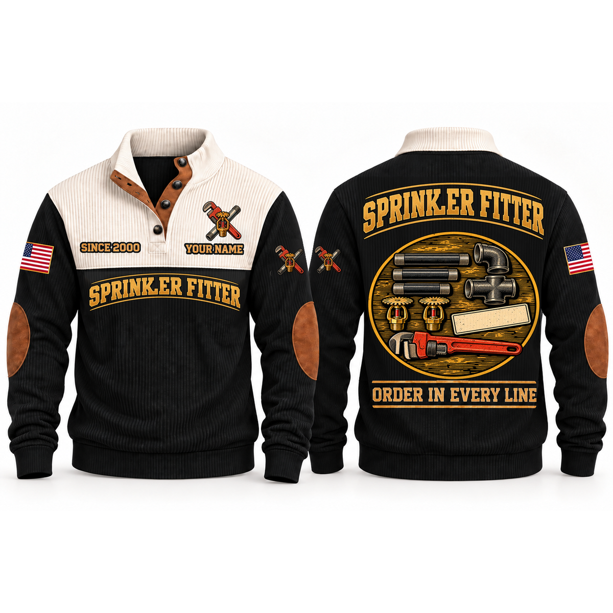 Sprinkler Fitter Pipework Order Sports Sweatshirt in Black, front and back garment views with aligned threaded pipe sections, elbow, tee, sprinkler heads and pipe wrench, orderly top-down trade equipment, ORDER IN EVERY LINE lettering and source sample YOUR NAME and SINCE 2000 text.