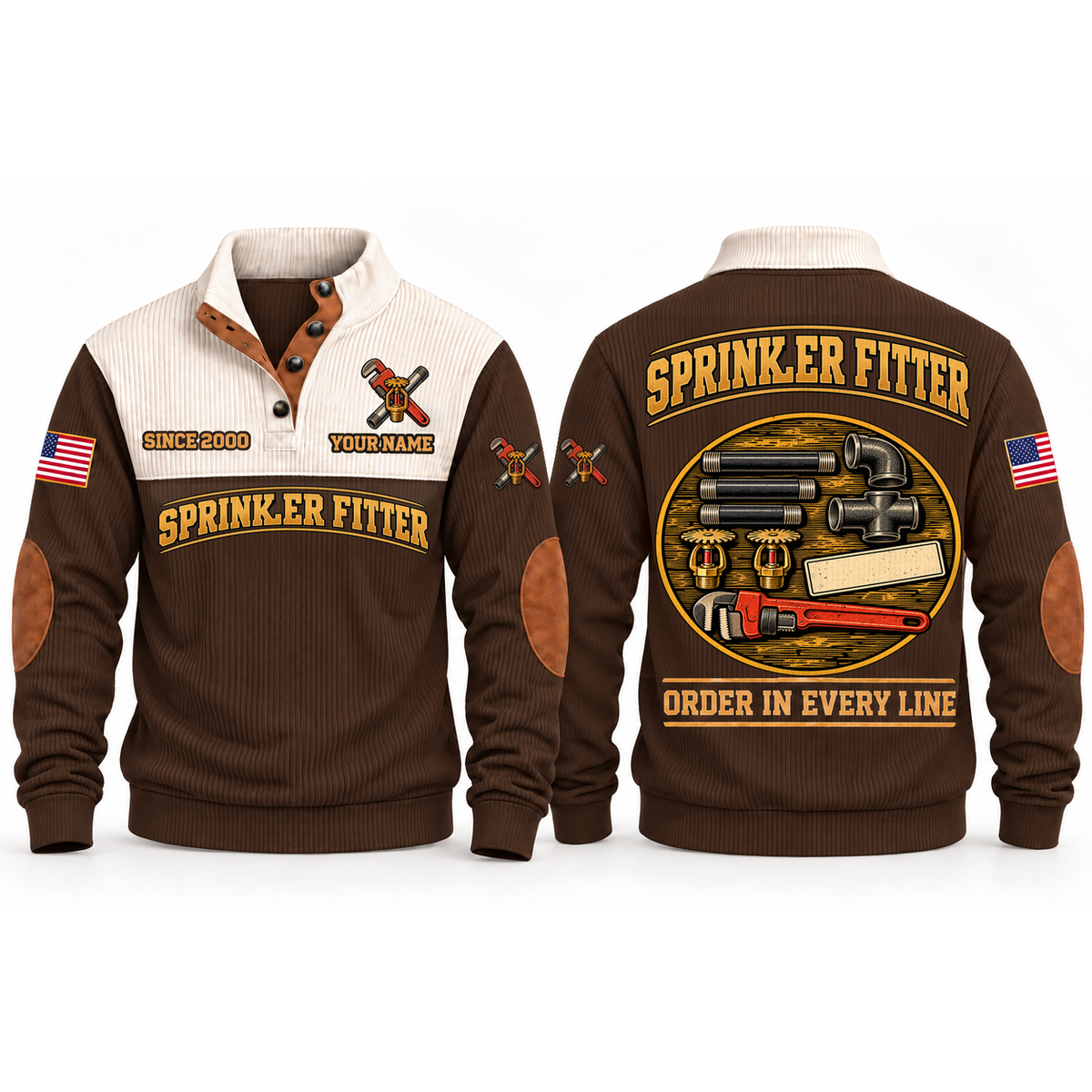 Sprinkler Fitter Pipework Order Sports Sweatshirt in Brown, front and back garment views with aligned threaded pipe sections, elbow, tee, sprinkler heads and pipe wrench, orderly top-down trade equipment, ORDER IN EVERY LINE lettering and source sample YOUR NAME and SINCE 2000 text.