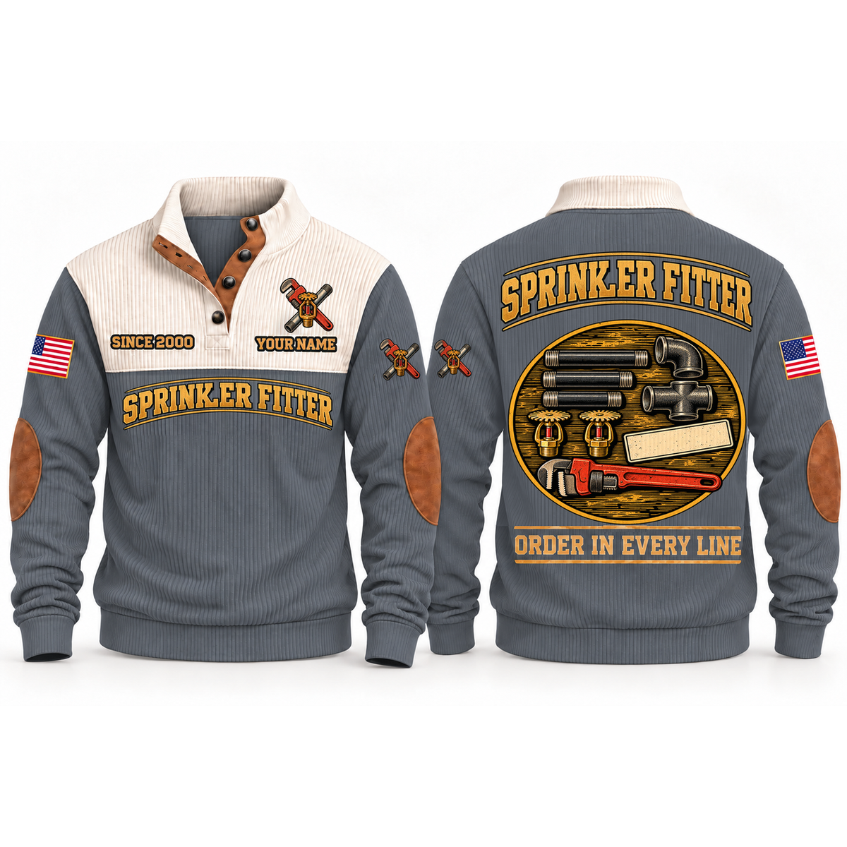 Sprinkler Fitter Pipework Order Sports Sweatshirt in Grey, front and back garment views with aligned threaded pipe sections, elbow, tee, sprinkler heads and pipe wrench, orderly top-down trade equipment, ORDER IN EVERY LINE lettering and source sample YOUR NAME and SINCE 2000 text.
