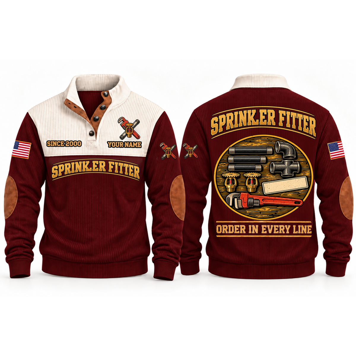 Sprinkler Fitter Pipework Order Sports Sweatshirt in Jujube Red, front and back garment views with aligned threaded pipe sections, elbow, tee, sprinkler heads and pipe wrench, orderly top-down trade equipment, ORDER IN EVERY LINE lettering and source sample YOUR NAME and SINCE 2000 text.