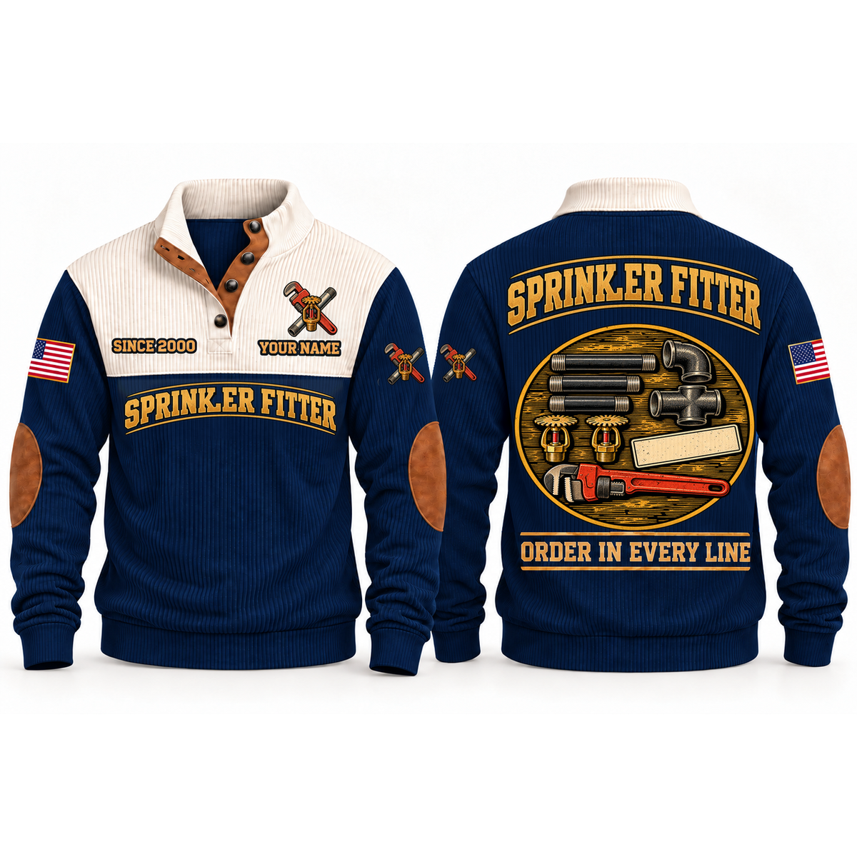 Sprinkler Fitter Pipework Order Sports Sweatshirt in Navy, front and back garment views with aligned threaded pipe sections, elbow, tee, sprinkler heads and pipe wrench, orderly top-down trade equipment, ORDER IN EVERY LINE lettering and source sample YOUR NAME and SINCE 2000 text.