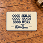 Ivory reverse of the Sprinkler Fitter Pass on the Craft aluminum wallet card, with navy Good Skills, Good Hands, Good Work lettering and a small pipe-wrench and fire-sprinkler motif.