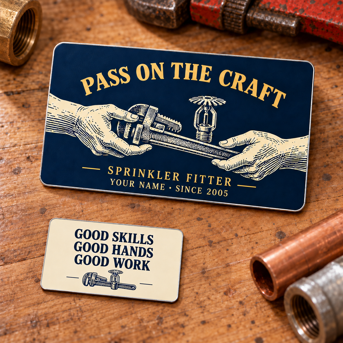 Sprinkler Fitter Pass on the Craft aluminum wallet card, showing a navy-and-gold front with two cream illustrated hands passing a pipe wrench and a fire-sprinkler motif, plus a smaller ivory reverse; two views of one card.