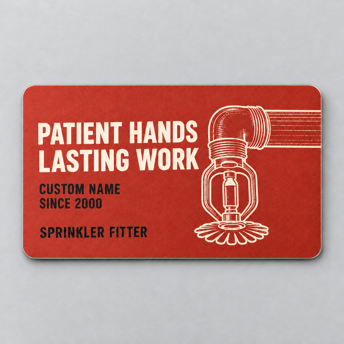 Sprinkler Fitter Patient Hands Aluminum Wallet Card – product view with CUSTOM NAME and SINCE 2000