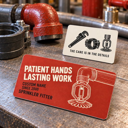 Sprinkler Fitter Patient Hands Aluminum Wallet Card – product view with CUSTOM NAME and SINCE 2000