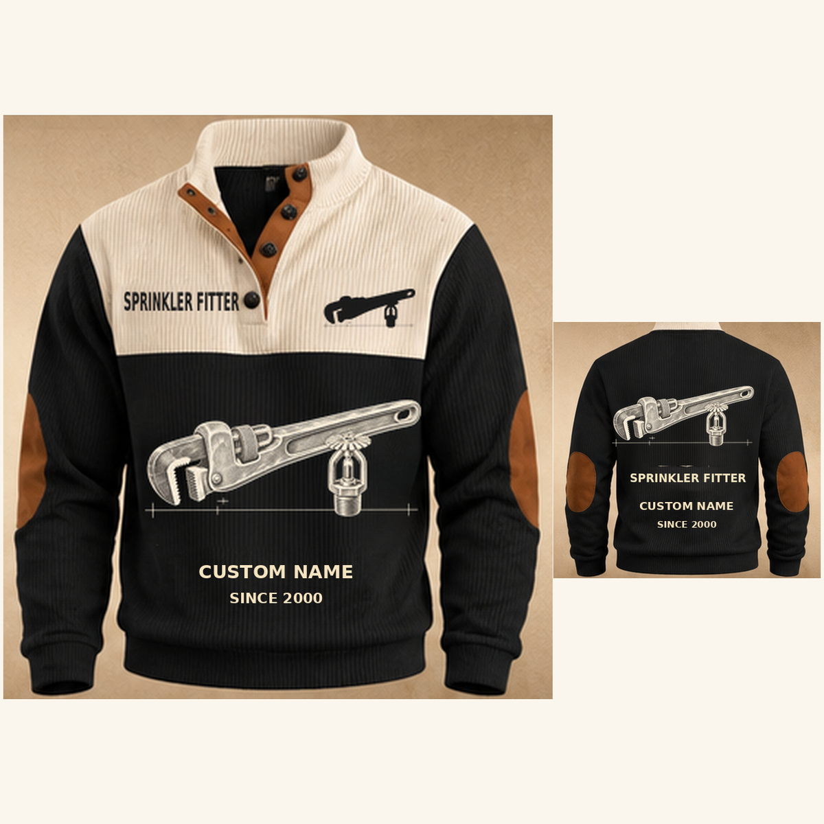 Sprinkler Fitter Pipe Planner Sports Sweatshirt in Black, original garment front and back views with cream technical pipe wrench and sprinkler head artwork, occupation lettering, cream front yoke and plain tan elbow patches.; visible custom-name and SINCE 2000 sample text on the garment.