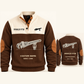 Sprinkler Fitter Pipe Planner Sports Sweatshirt in Brown, original garment front and back views with cream technical pipe wrench and sprinkler head artwork, occupation lettering, cream front yoke and plain tan elbow patches.; visible custom-name and SINCE 2000 sample text on the garment.