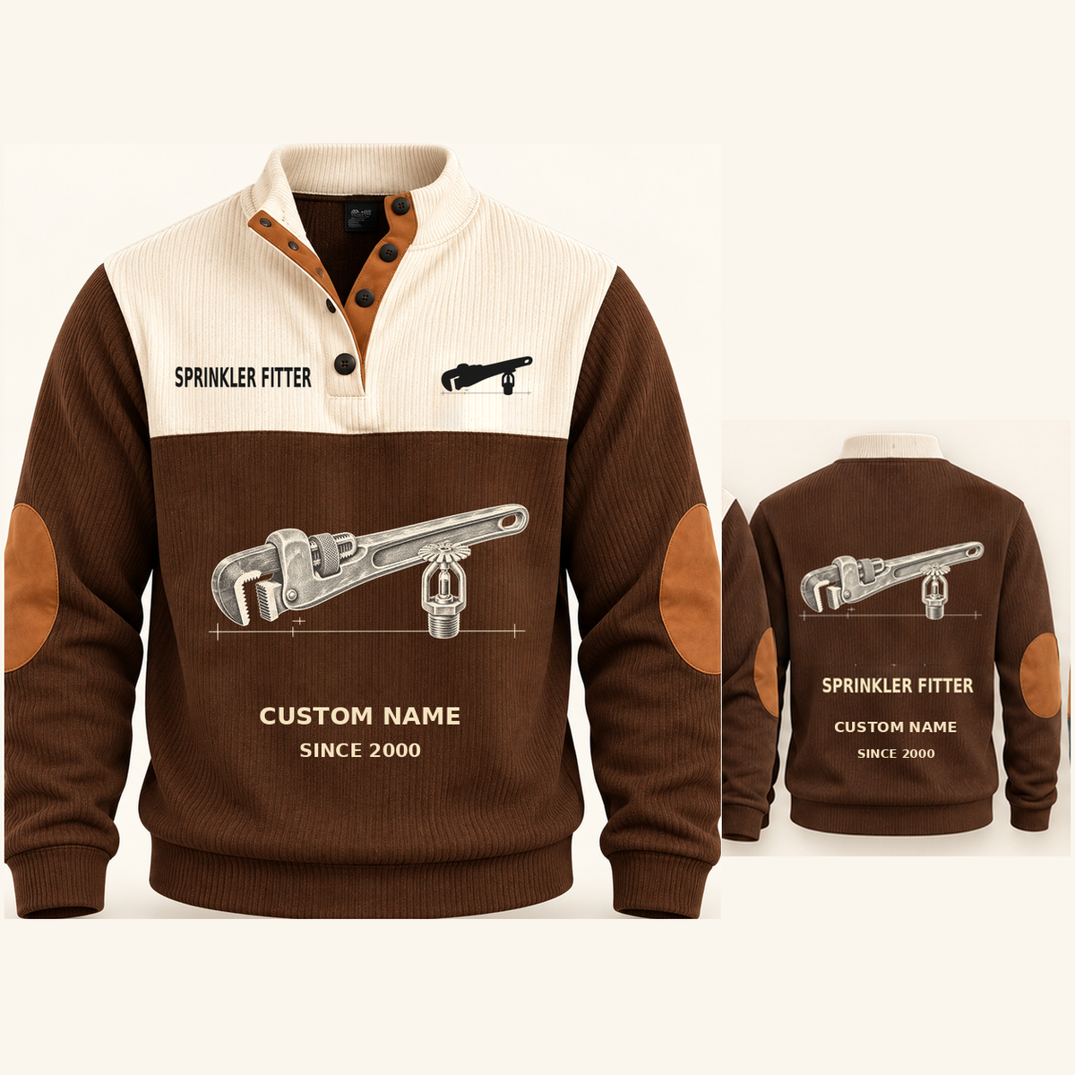Sprinkler Fitter Pipe Planner Sports Sweatshirt in Brown, original garment front and back views with cream technical pipe wrench and sprinkler head artwork, occupation lettering, cream front yoke and plain tan elbow patches.; visible custom-name and SINCE 2000 sample text on the garment.