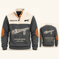Sprinkler Fitter Pipe Planner Sports Sweatshirt in Grey, original garment front and back views with cream technical pipe wrench and sprinkler head artwork, occupation lettering, cream front yoke and plain tan elbow patches.; visible custom-name and SINCE 2000 sample text on the garment.
