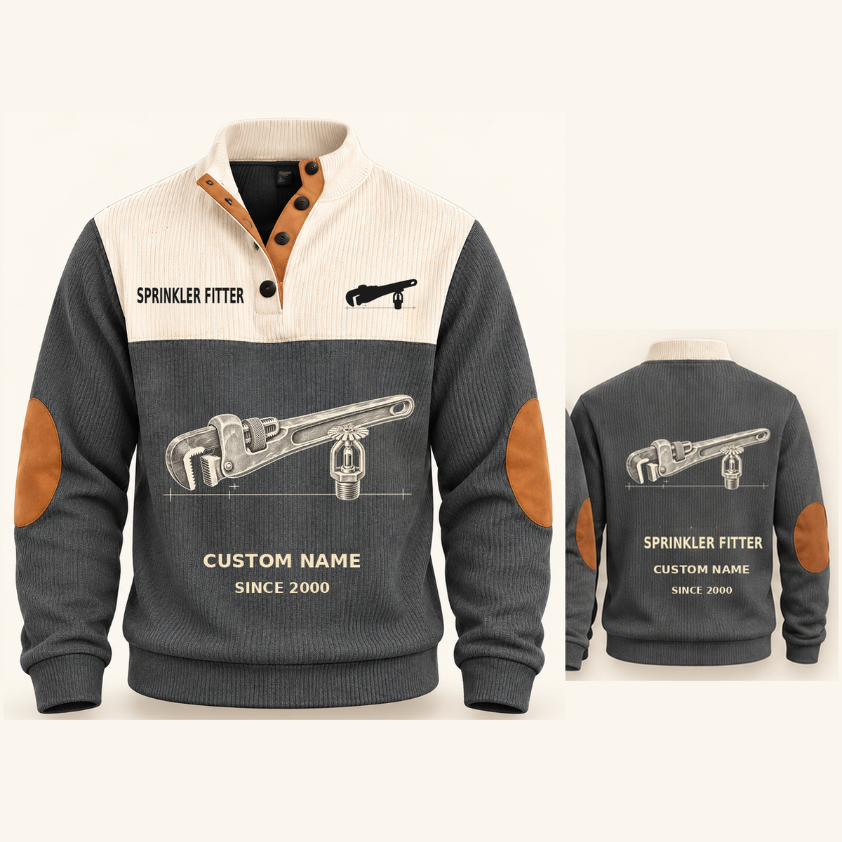 Sprinkler Fitter Pipe Planner Sports Sweatshirt in Grey, original garment front and back views with cream technical pipe wrench and sprinkler head artwork, occupation lettering, cream front yoke and plain tan elbow patches.; visible custom-name and SINCE 2000 sample text on the garment.