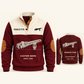 Sprinkler Fitter Pipe Planner Sports Sweatshirt in Jujube Red, original garment front and back views with cream technical pipe wrench and sprinkler head artwork, occupation lettering, cream front yoke and plain tan elbow patches.; visible custom-name and SINCE 2000 sample text on the garment.