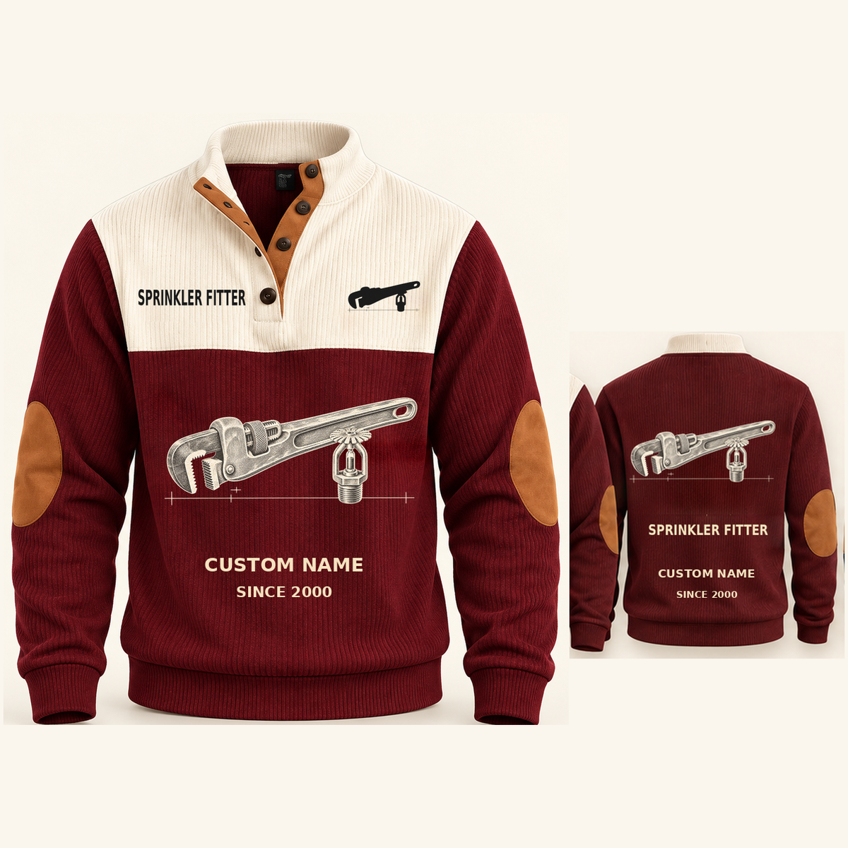 Sprinkler Fitter Pipe Planner Sports Sweatshirt in Jujube Red, original garment front and back views with cream technical pipe wrench and sprinkler head artwork, occupation lettering, cream front yoke and plain tan elbow patches.; visible custom-name and SINCE 2000 sample text on the garment.