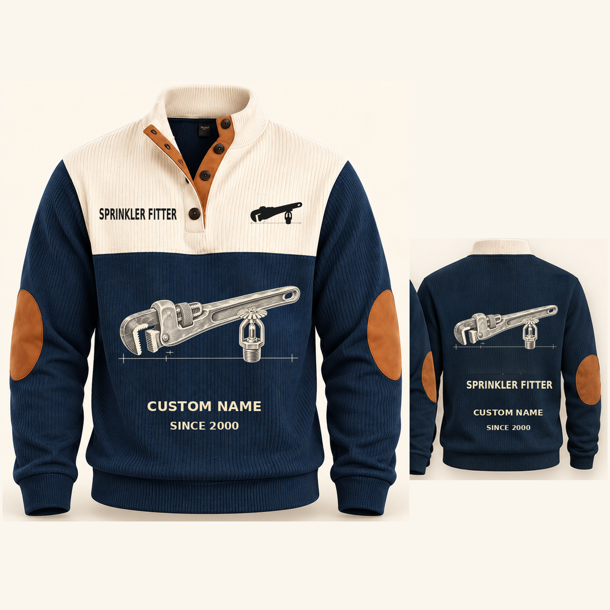 Sprinkler Fitter Pipe Planner Sports Sweatshirt in Navy, original garment front and back views with cream technical pipe wrench and sprinkler head artwork, occupation lettering, cream front yoke and plain tan elbow patches.; visible custom-name and SINCE 2000 sample text on the garment.