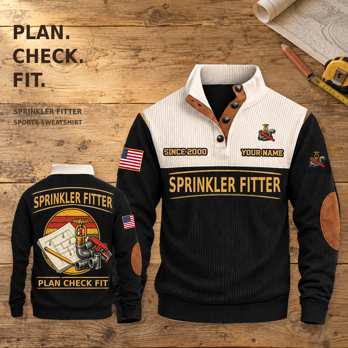 Black Sprinkler Fitter Plan Check Fit Sports Sweatshirt, dominant front back inset on a planning workbench, with PLAN CHECK FIT wording.