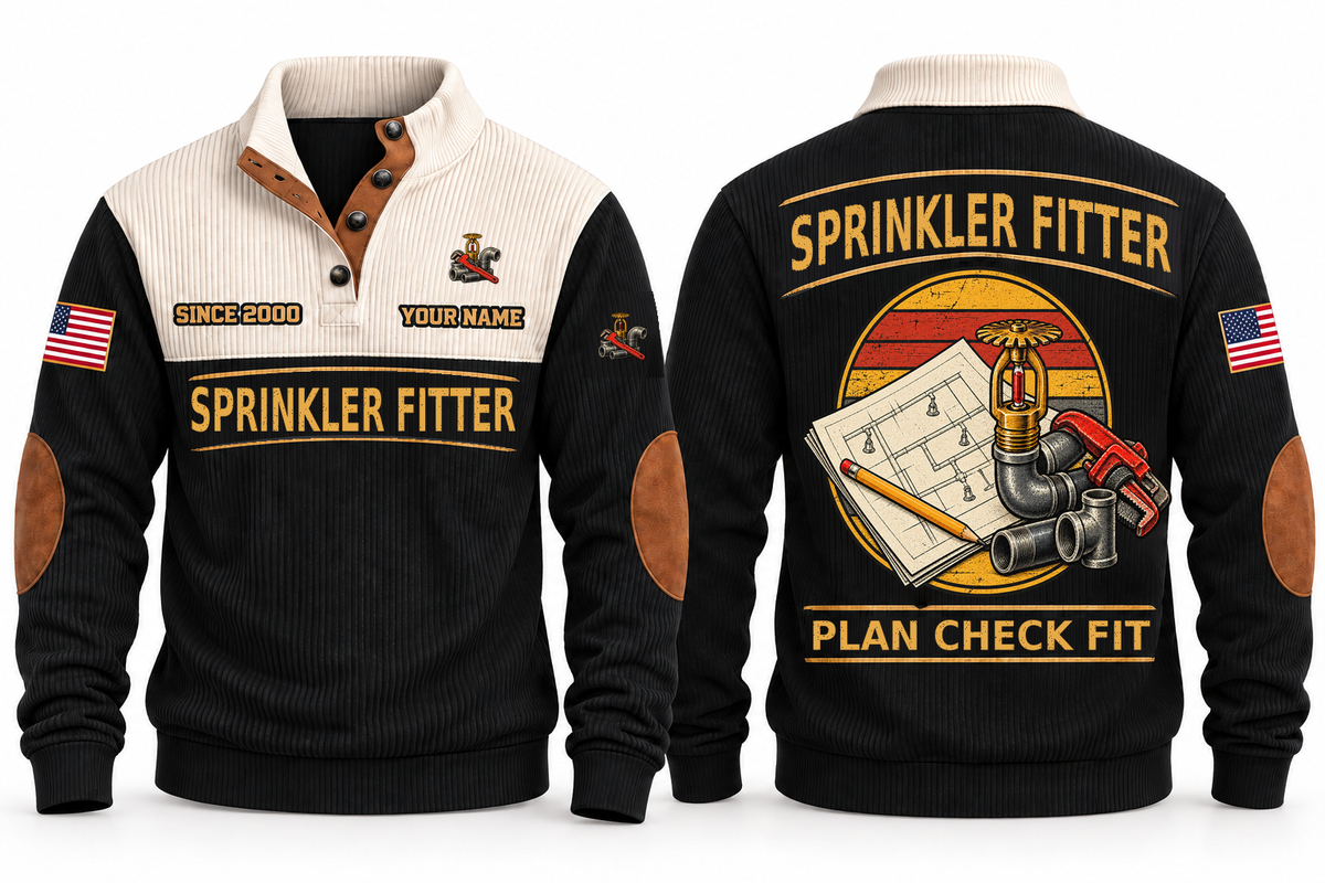 Sprinkler Fitter Plan Check Fit Sports Sweatshirt in Black, original front and back views. A fire sprinkler head, steel pipe fittings and a pipe wrench over a plan sheet and pencil within a distressed sunset roundel. SPRINKLER FITTER and PLAN CHECK FIT lettering; YOUR NAME and SINCE 2000 are fixed illustrative sample text.